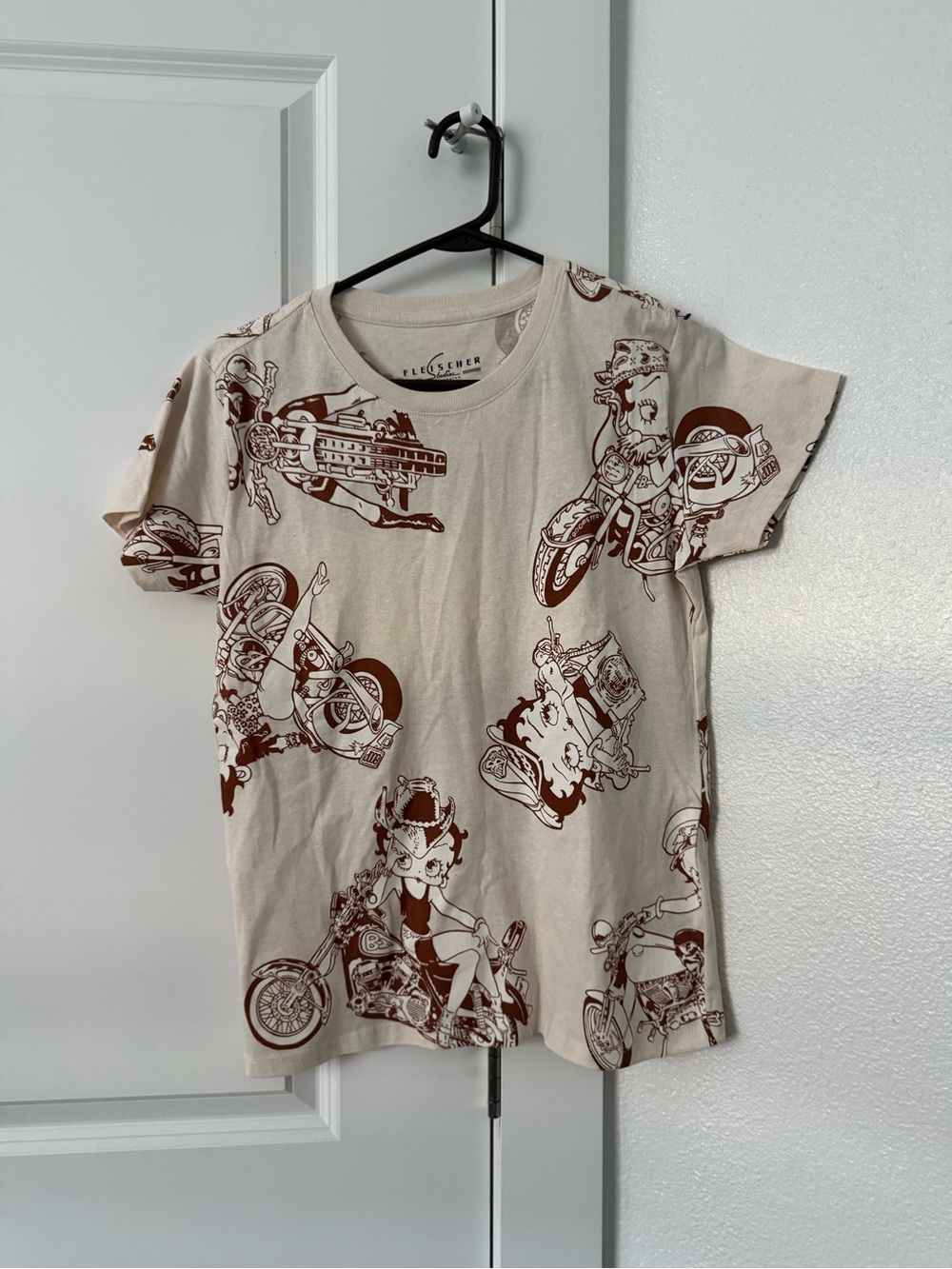 Betty Boop Women’s Beige Graphic Short Sleeve Tee with Motorcycle Print | M
